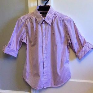 Ralph Lauren Sport Striped Cotton Short Sleeve Shirt. Size 8. Purple/White.